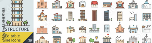 A diverse collection of editable line icons showcasing various architectural structures and urban buildings, ideal for modern design, city planning, and real estate presentations