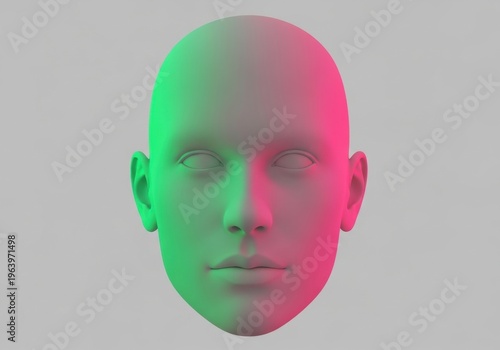 A 3D Rendered Face Split Between Green and Pink Hues to Represent Contrasting Emotions
