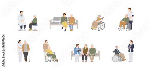高齢者の通院・医療・介護シーンの人物イラストセット