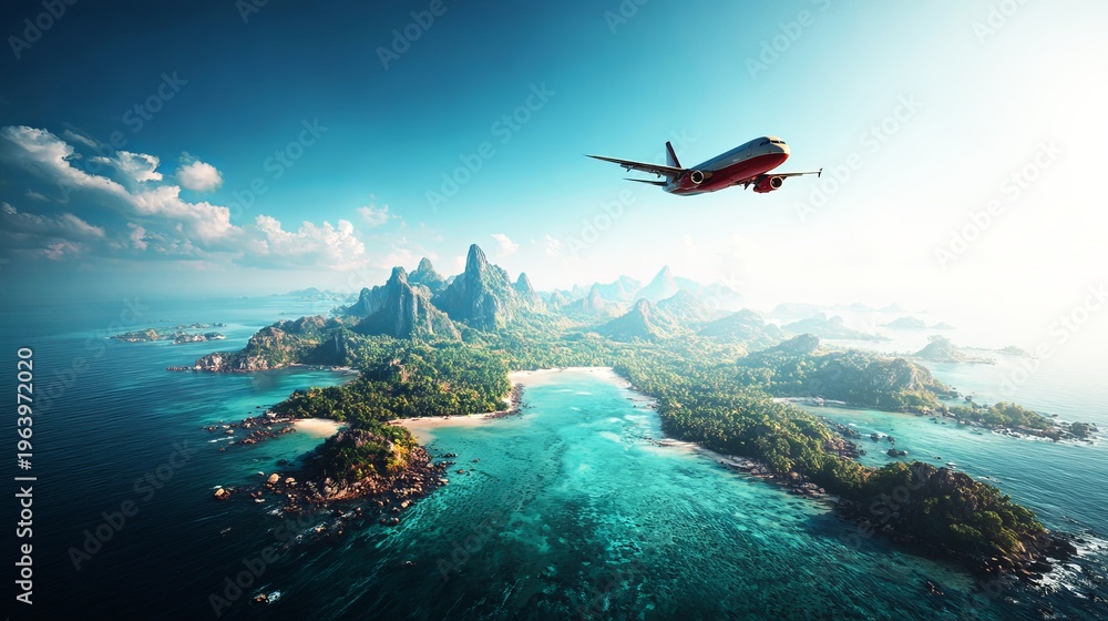 Naklejka premium An airplane flies over a stunning tropical island with crystal clear waters and lush green mountains.