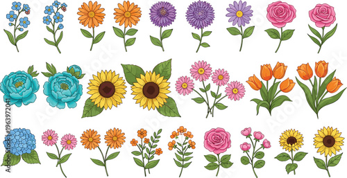 Colorful Garden Flower Collection Featuring Roses Tulips Sunflowers and Blooming Botanical Elements Hand Drawn Vector Set Isolated on White Background