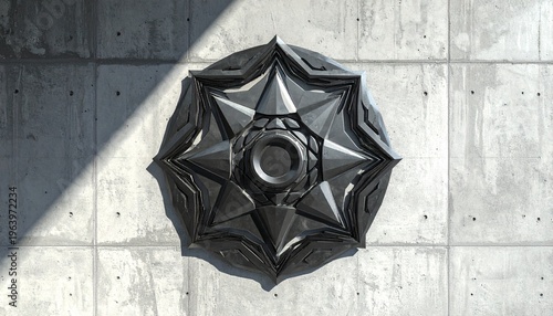 Metallic abstract emblem mounted on a concrete wall with dramatic side lighting casting long shadows