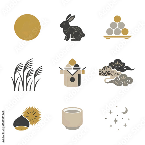 北欧風和モダンな十五夜アイコン9種セット 白背景に孤立したミニマルな満月とお月見のイラスト 秋の行事やデザインに最適な高品質素材