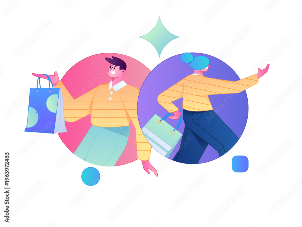 Fototapeta premium Holiday shopping people doing e-commerce online shopping flat vector concept operation hand drawn illustration