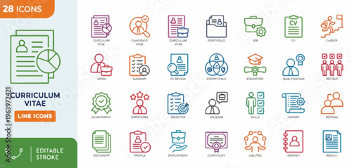 Modern vector line icons for curriculum vitae, job search, and recruitment, designed for human resources and career development applications