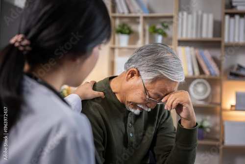 Sad senior man comfort support caregiver mental health depression counseling empathy stress concern clinic healthcare patient doctor nurse consultation bad news worry aging elder family