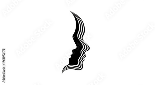 Intriguing black and white graphic design featuring two abstract human face profiles composed of wavy lines, creating an illusion of reflection and symbolizing interconnectedness
