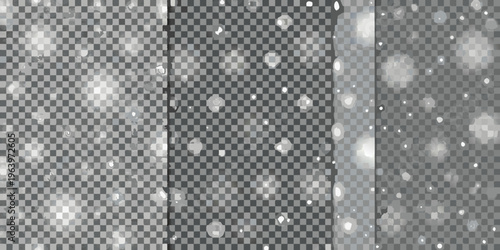 Abstract patterns of falling snow flakes on a transparent background