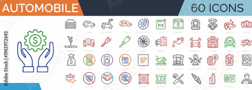 Diverse vector line icon collection for automobile services, car repair, vehicle maintenance, transportation, and automotive industry business solutions
