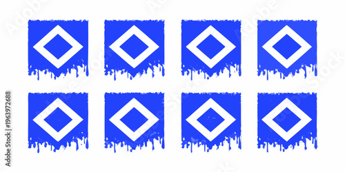 Eight blue squares with white diamond shapes and dripping paint effects