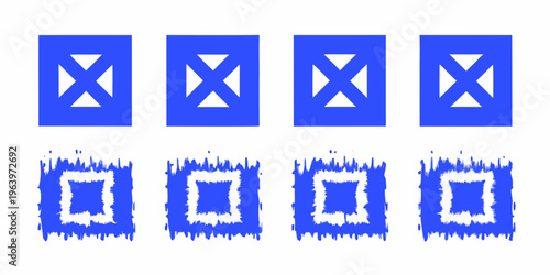 Four blue rectangles with x shapes and four with rectangular voids