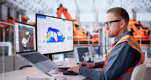 Foto Automotive Engineer Evaluates 3D Stress Simulation