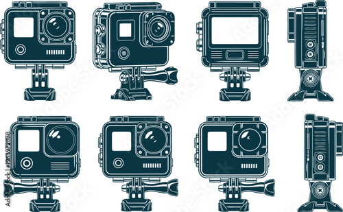 Action camera vector illustration collection for outdoor sports and adventure videography needs