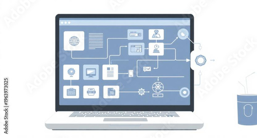 Modern laptop and mobile phone screens display social media icons and 3d web design elements to illustrate a global business communication network and online internet technology concept