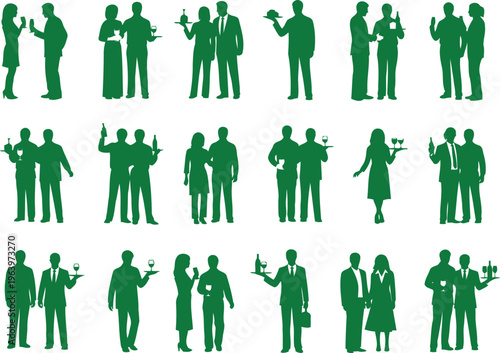 Collection of Green Silhouettes Depicting Socializing People Serving Drinks at Parties or Events