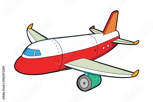 Commercial airplane vector illustration, red and white passenger plane isolated on white background