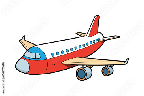 Commercial airplane vector illustration, red and white passenger plane isolated on white background