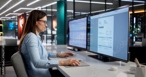 Photography Billing Expert Analyzes Invoices On Desktop Monitor