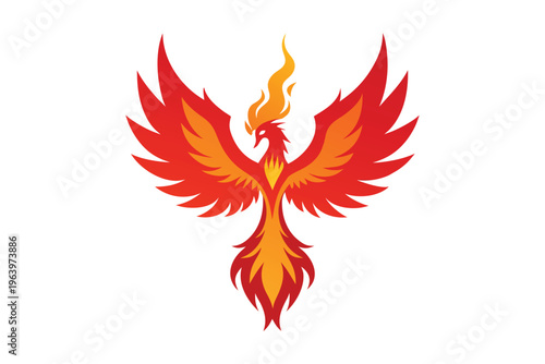 Majestic fire phoenix mascot logo, flying flaming bird vector illustration isolated on white background