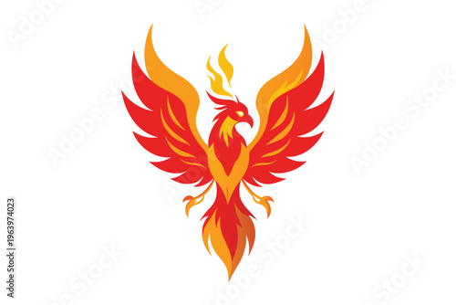 Majestic fire phoenix mascot logo, flying flaming bird vector illustration isolated on white background