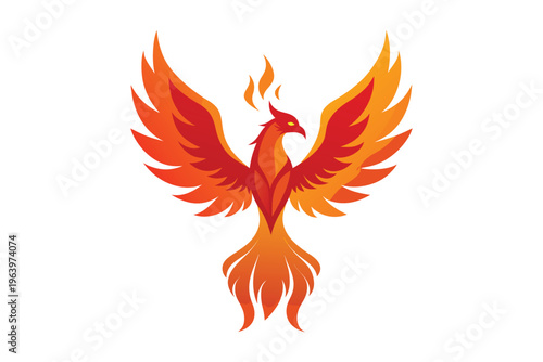 Majestic fire phoenix mascot logo, flying flaming bird vector illustration isolated on white background