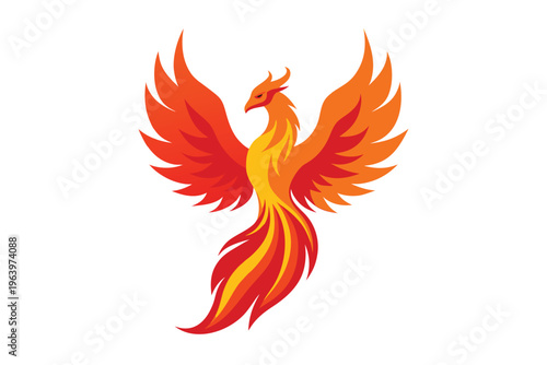 Majestic fire phoenix mascot logo, flying flaming bird vector illustration isolated on white background