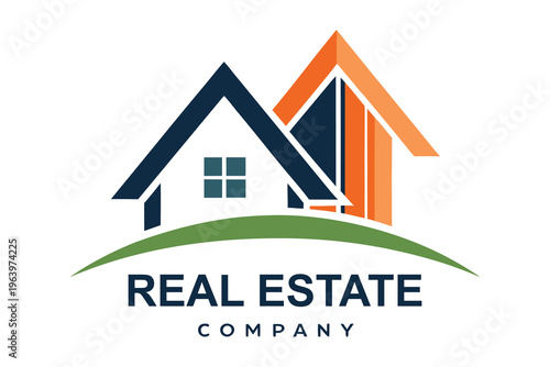 Modern real estate logo design with house and green landscape, property and mortgage emblem vector.