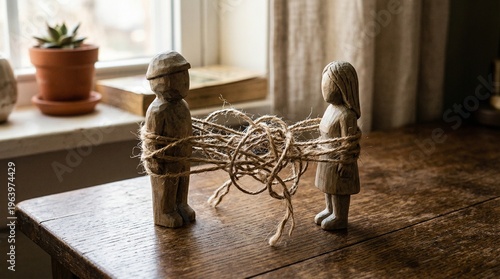 Two wooden human figures on rustic workbench, one standing free, the other entangled in string bundle, workshop background with shelves, tools, and spools symbolizing freedom versus constraint in crea