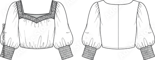 Women Fashion Flat Sketch of Boho Crop Top with Sweetheart Neckline Puffy Bishop Sleeves Smocked Cuffs and Decorative Embroidered Trim