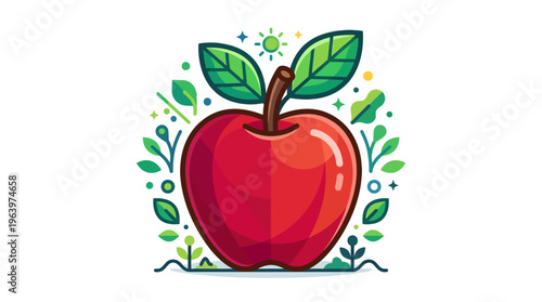 A vibrant red apple with leaves.