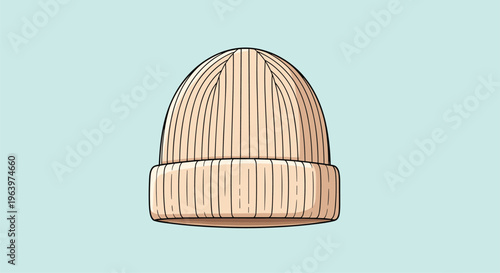 Classic beige ribbed knit beanie hat displayed against a clean light blue background perfect for winter fashion catalogs and designs.