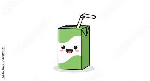 Happy little green juice box character with a straw and a smiling face designed for healthy children beverage packaging or icons.