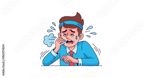 Stressed businessman in a blue suit and red tie sweating and wiping his forehead during a difficult work situation at his office desk.