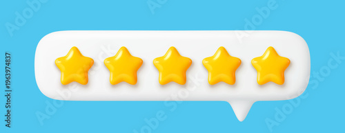 3d five star rate customer review feedback icon. Vector five gold stars in realistic speech bubble for customer satisfaction evaluation, quality rating, good service review rank and best product rate