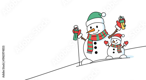Friendly snowman family including a parent and a child sliding down a snowy hill together wearing colorful scarves and winter hats.