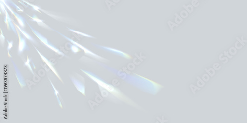 Party disco ball reflections, prism light shadow overlay background. Vector abstract soft grey background with light effect reflecting off a discoball rays. Rainbow sparkling crystal leak overlay