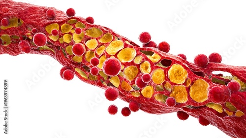 Detailed 3D medical illustration of a blood vessel narrowed by cholesterol plaque, showing red blood cells and fatty deposits, isolated on white.