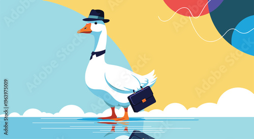 Distinguished white goose character wearing a black hat and bowtie while carrying a blue briefcase in a modern colorful abstract setting.