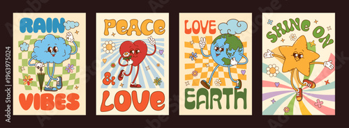 Cartoon retro groovy character posters, cute hippie peace, love and good vibe vector personages. Happy y2k Earth planet, heart, sun and cloud character posters on groovy psychedelic pattern background
