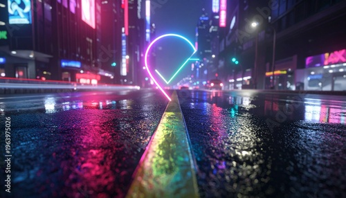 Neon outline symbol glowing on a wet asphalt surface at night