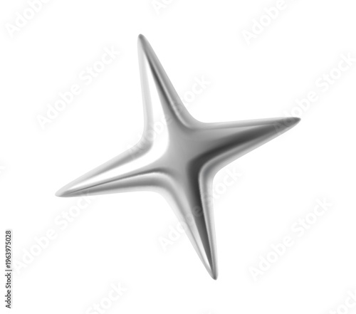 Silver metallic 3d star or light spark realistic symbol. Shiny metal star or light spark form, glossy gradient 3d render isolated vector element. Chrome metallic balloon figure or silver shape