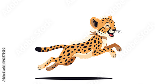 Playful baby cheetah cub running fast with a joyful expression and its mouth open against a clean white background for animal themes.