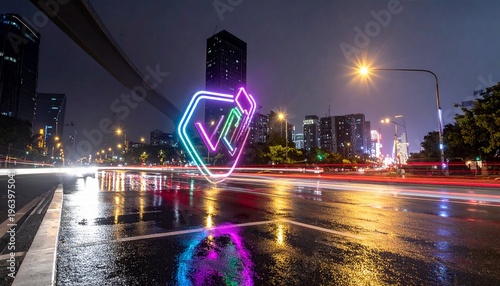 Neon outline symbol glowing on a wet asphalt surface at night