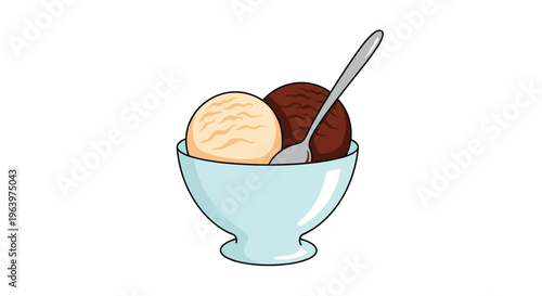 Two scoops of vanilla and chocolate ice cream served in a light blue glass bowl with a metal spoon for delicious summer dessert ideas.