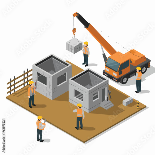 Isometric Construction Site Crane Lifting Concrete Blocks (Vector Flat 3D)