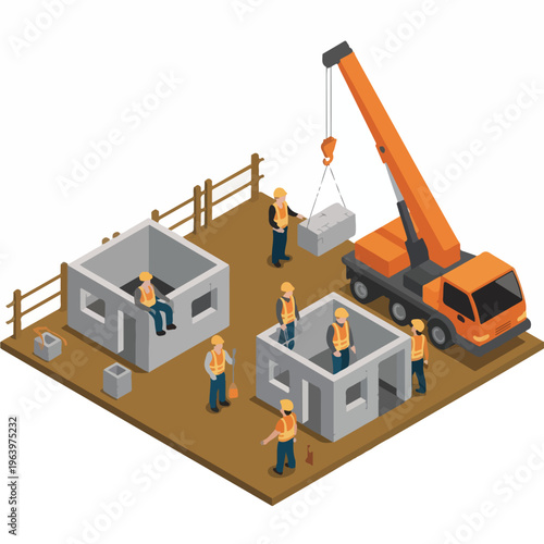 Isometric Construction Site Crane Lifting Concrete Blocks (Vector Flat 3D)