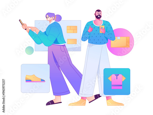 Holiday shopping people doing e-commerce online shopping flat vector concept operation hand drawn illustration
