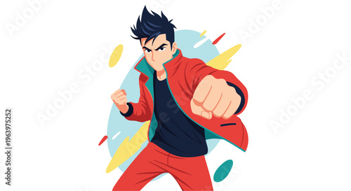 Action anime style young man with black hair wearing a red jacket and black shirt throwing a punch forward in a dynamic pose.