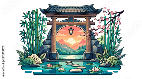 Asian Style Garden Gate Entrance Structure.