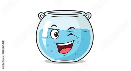 Cheerful blue water bowl character with a winking face and big smile filled with bubbly water on a plain white background.